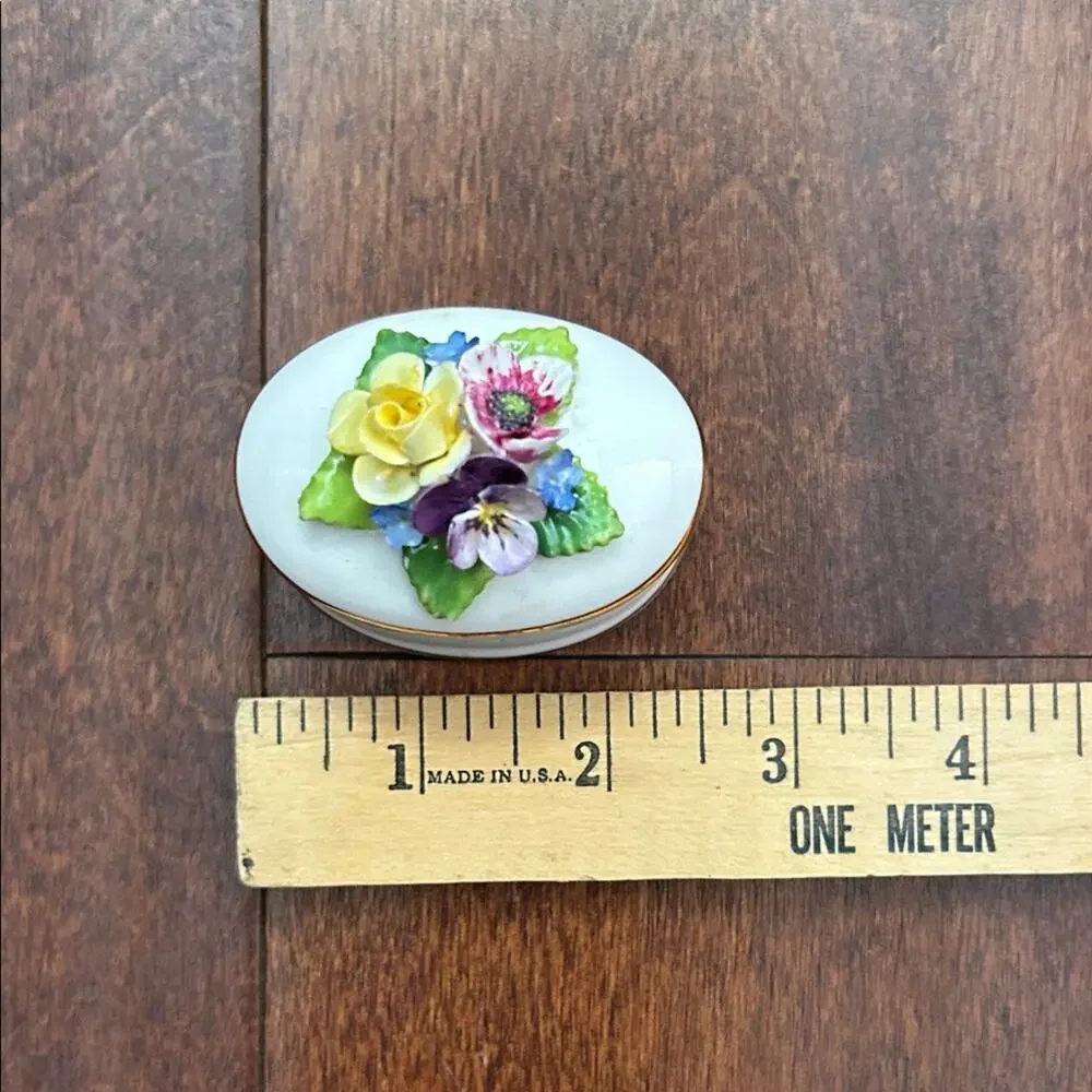 Vintage Crown Staffordshire Oval Fine Bone China Trinket Box w/ Painted Flowers